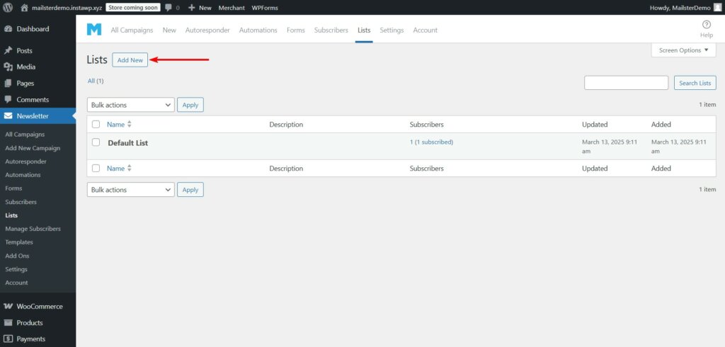 mailster add new list