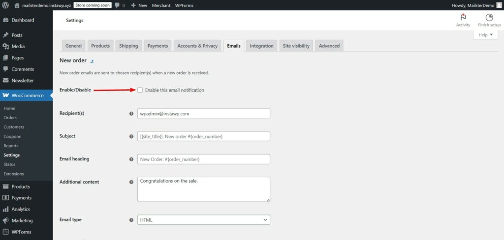 mailster disable woocommerce default new order email