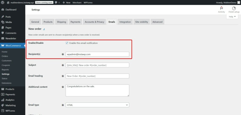 mailster enable woocommerce default new order email