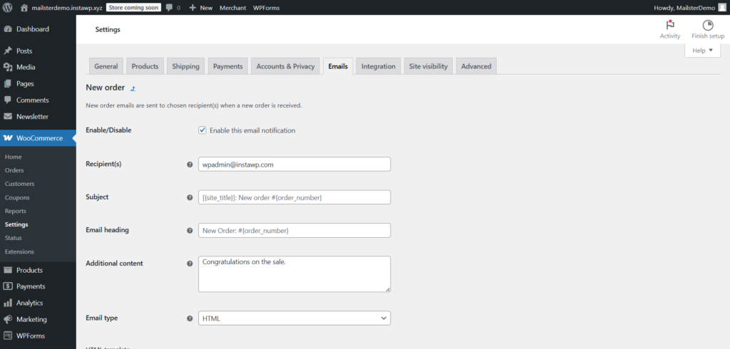 woocommerce new order email editing