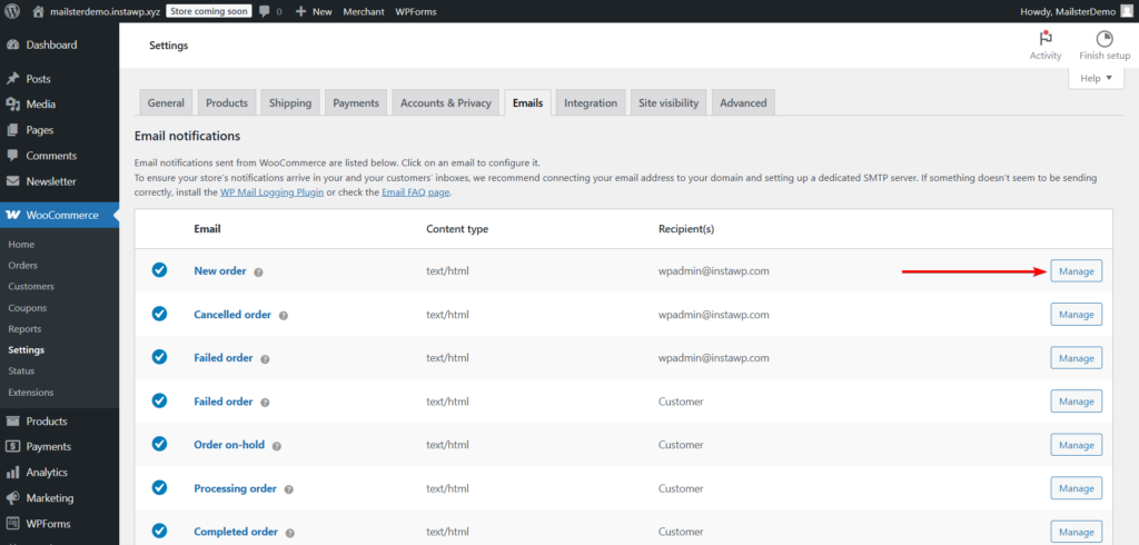 woocommerce new order email manage