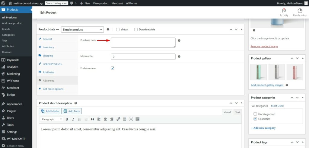 woocommerce product note