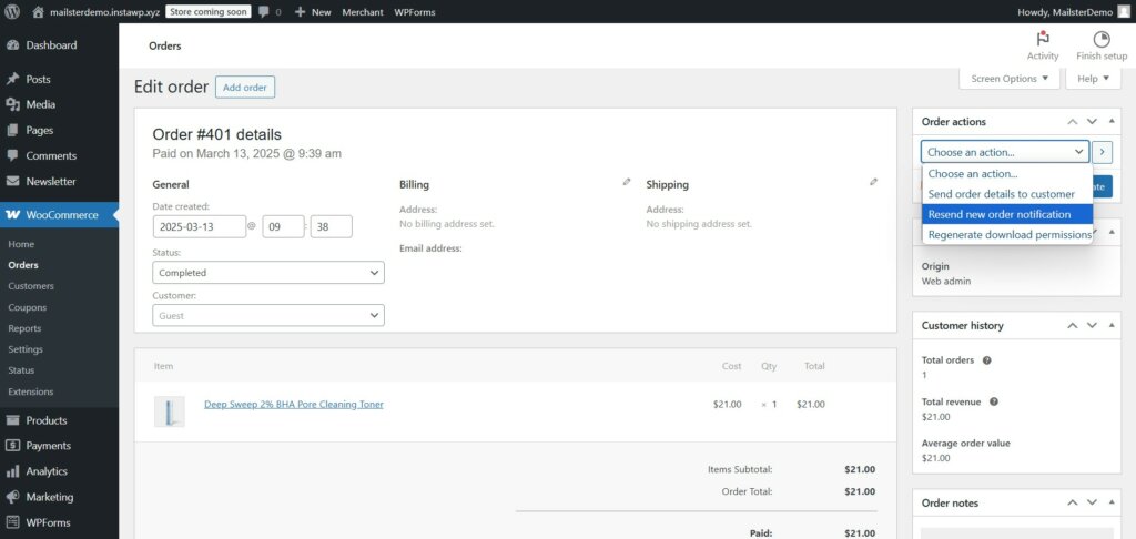 woocommerce resend new order email